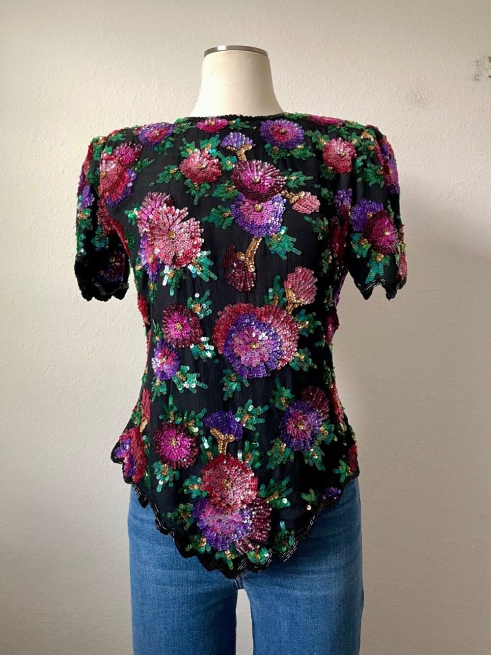 Vintage 1980s Laurence Kazar 100% Silk Ornate All Over Floral Top M